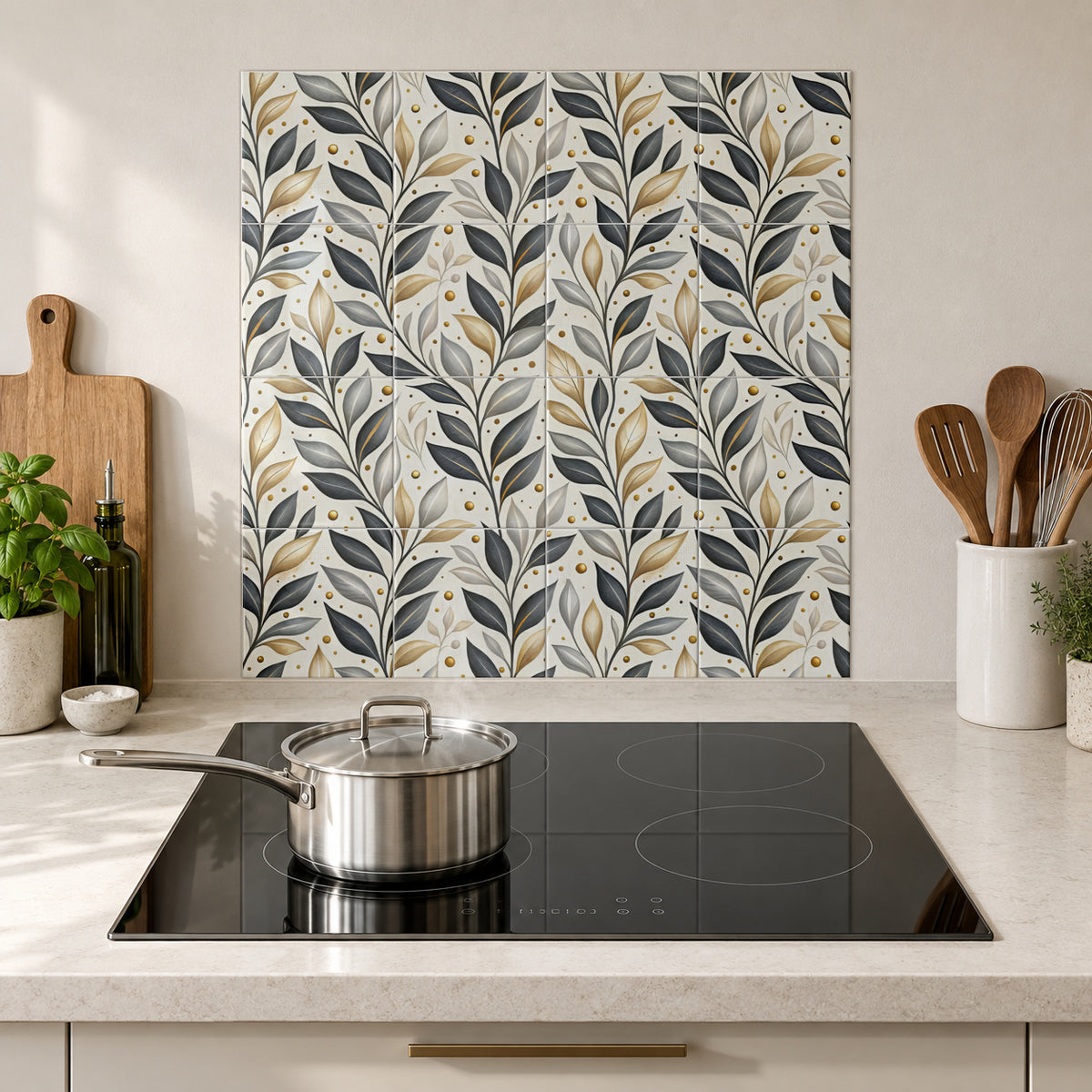 Charcoal and Champagne Leaf Trail in the Wolfborn Studio kitchen mockup; 60 x 60 cm panel across 4 rows and 4 columns of 15 cm tiles. Styling illustration.