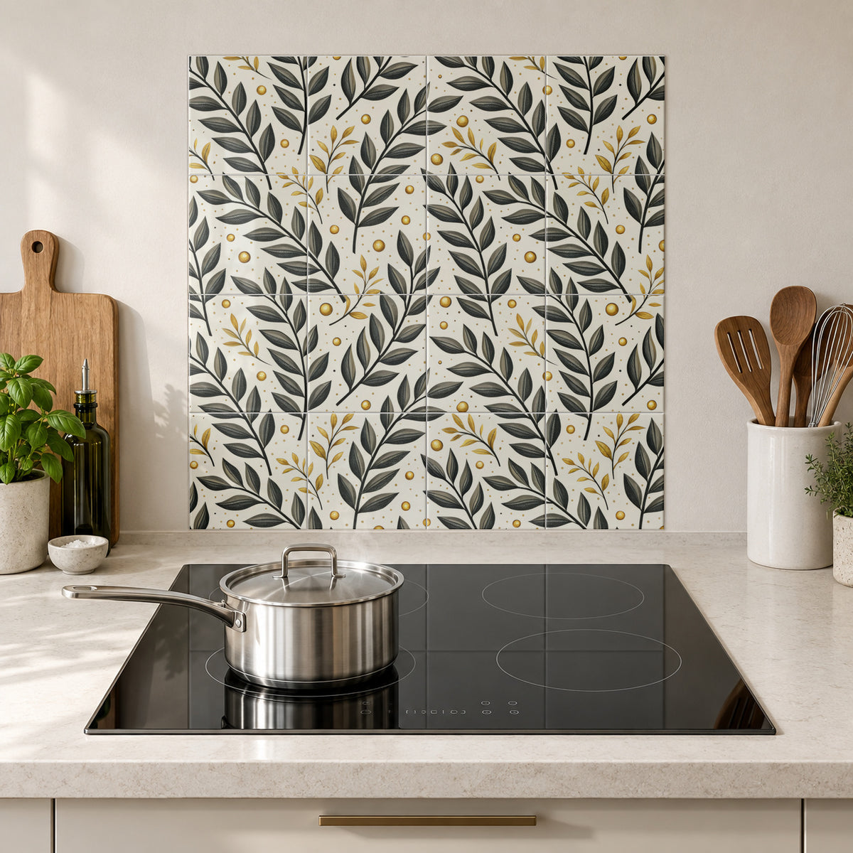Ivory Scattered Black Leaves in the Wolfborn Studio kitchen mockup; 60 x 60 cm panel across 4 rows and 4 columns of 15 cm tiles. Styling illustration.