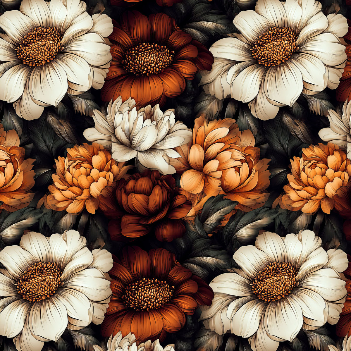 Burnt Orange and Ivory Blooms artwork at the supplied scale for a nominal 60 x 60 cm reference panel.