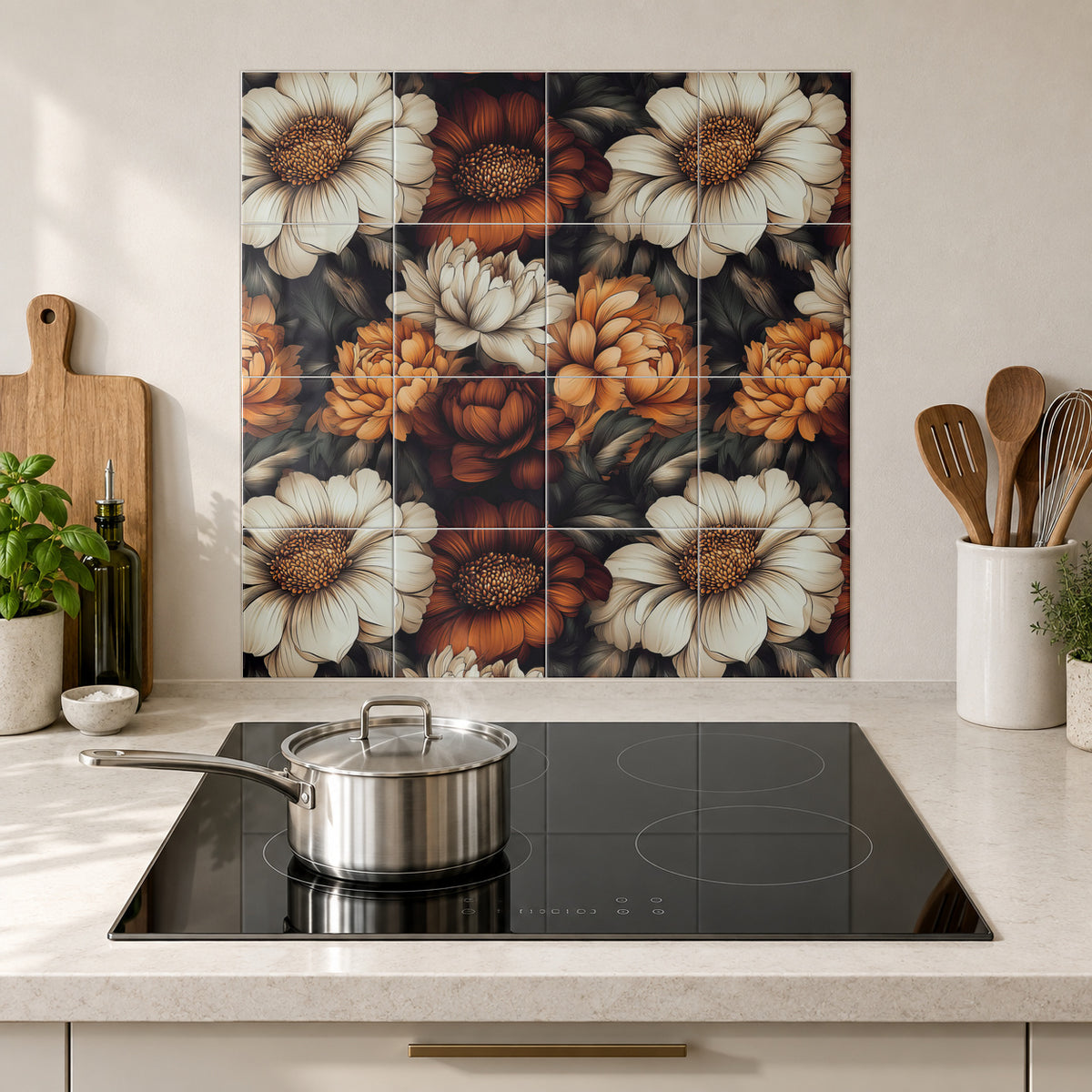 Burnt Orange and Ivory Blooms in the Wolfborn Studio kitchen mockup; 60 x 60 cm panel across 4 rows and 4 columns of 15 cm tiles. Styling illustration.