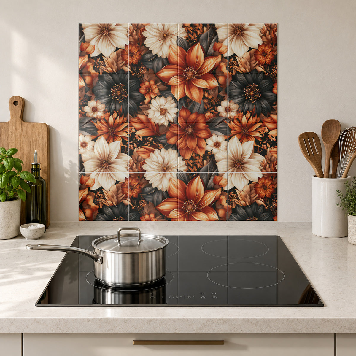 Autumn Copper Floral Meadow in the Wolfborn Studio kitchen mockup; 60 x 60 cm panel across 4 rows and 4 columns of 15 cm tiles. Styling illustration.
