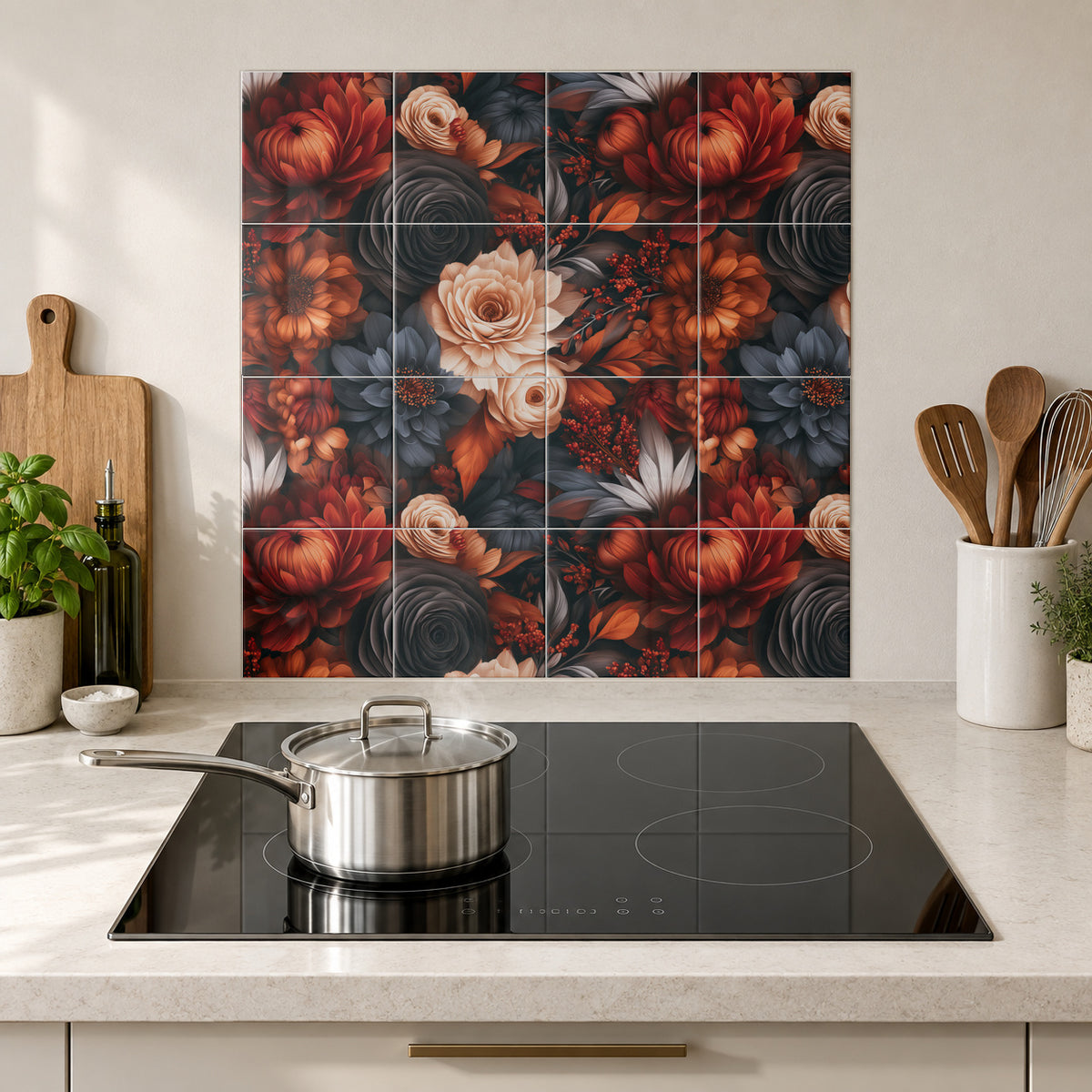 Dark Romance Floral Bouquet in the Wolfborn Studio kitchen mockup; 60 x 60 cm panel across 4 rows and 4 columns of 15 cm tiles. Styling illustration.