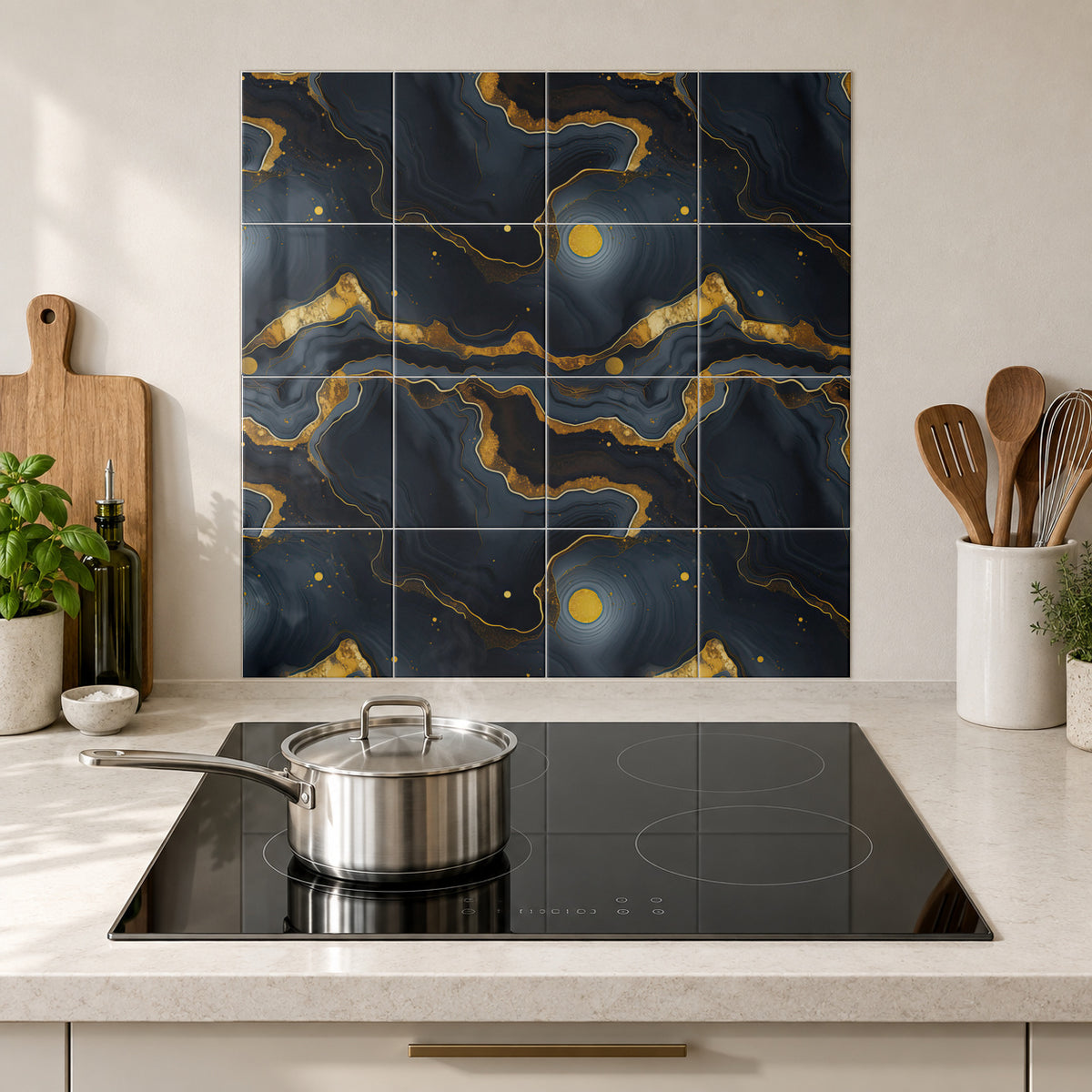 Obsidian Gold Agate Pools in the Wolfborn Studio kitchen mockup; 60 x 60 cm panel across 4 rows and 4 columns of 15 cm tiles. Styling illustration.
