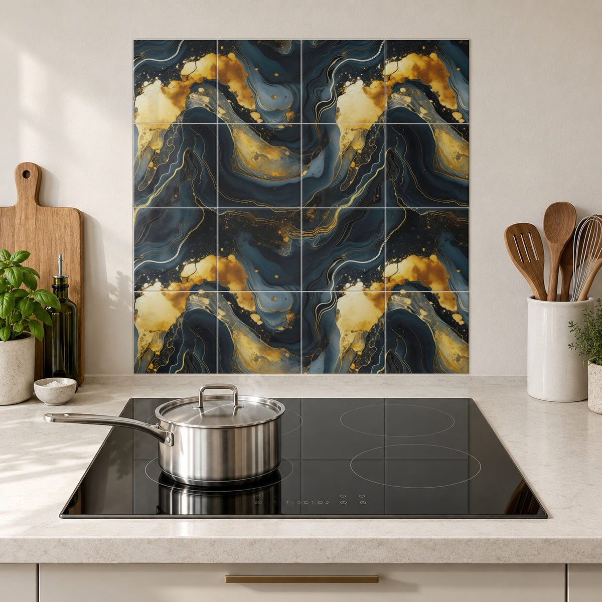 Molten Gold Midnight Waves in the Wolfborn Studio kitchen mockup; 60 x 60 cm panel across 4 rows and 4 columns of 15 cm tiles. Styling illustration.