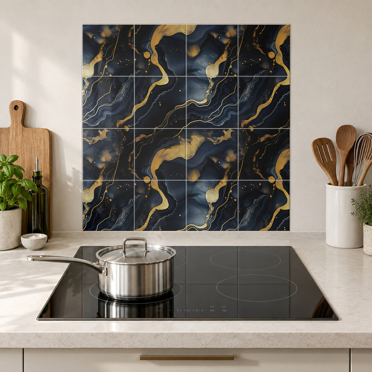Black Gold Marble Ribbons in the Wolfborn Studio kitchen mockup; 60 x 60 cm panel across 4 rows and 4 columns of 15 cm tiles. Styling illustration.