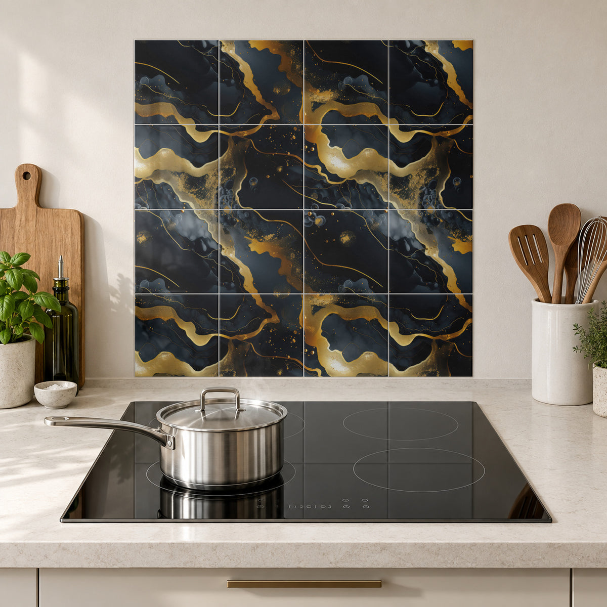 Midnight Gold Ink Flow in the Wolfborn Studio kitchen mockup; 60 x 60 cm panel across 4 rows and 4 columns of 15 cm tiles. Styling illustration.