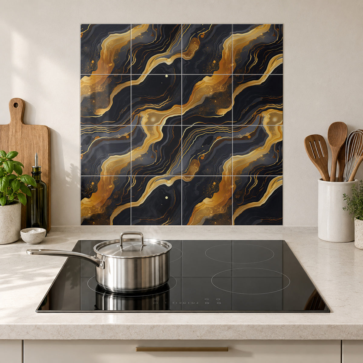Onyx Gold Contour Waves in the Wolfborn Studio kitchen mockup; 60 x 60 cm panel across 4 rows and 4 columns of 15 cm tiles. Styling illustration.