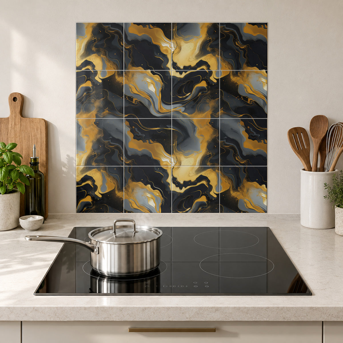 Charcoal Gold Fluid Marble in the Wolfborn Studio kitchen mockup; 60 x 60 cm panel across 4 rows and 4 columns of 15 cm tiles. Styling illustration.