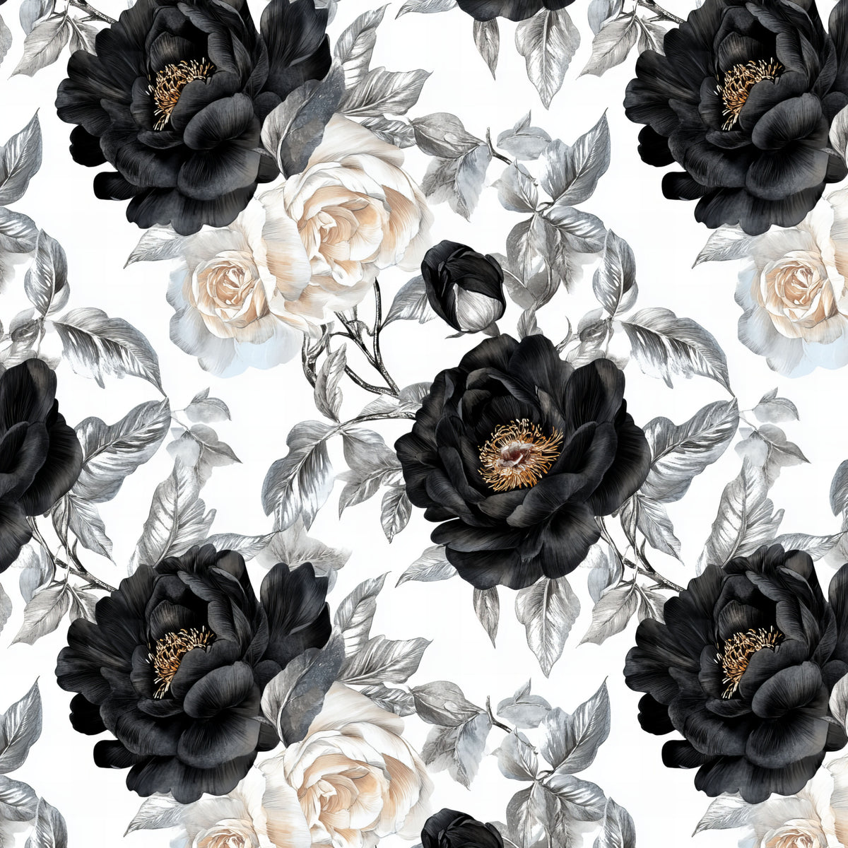 Black Peonies and Ivory Roses artwork at the supplied scale for a nominal 60 x 60 cm reference panel.