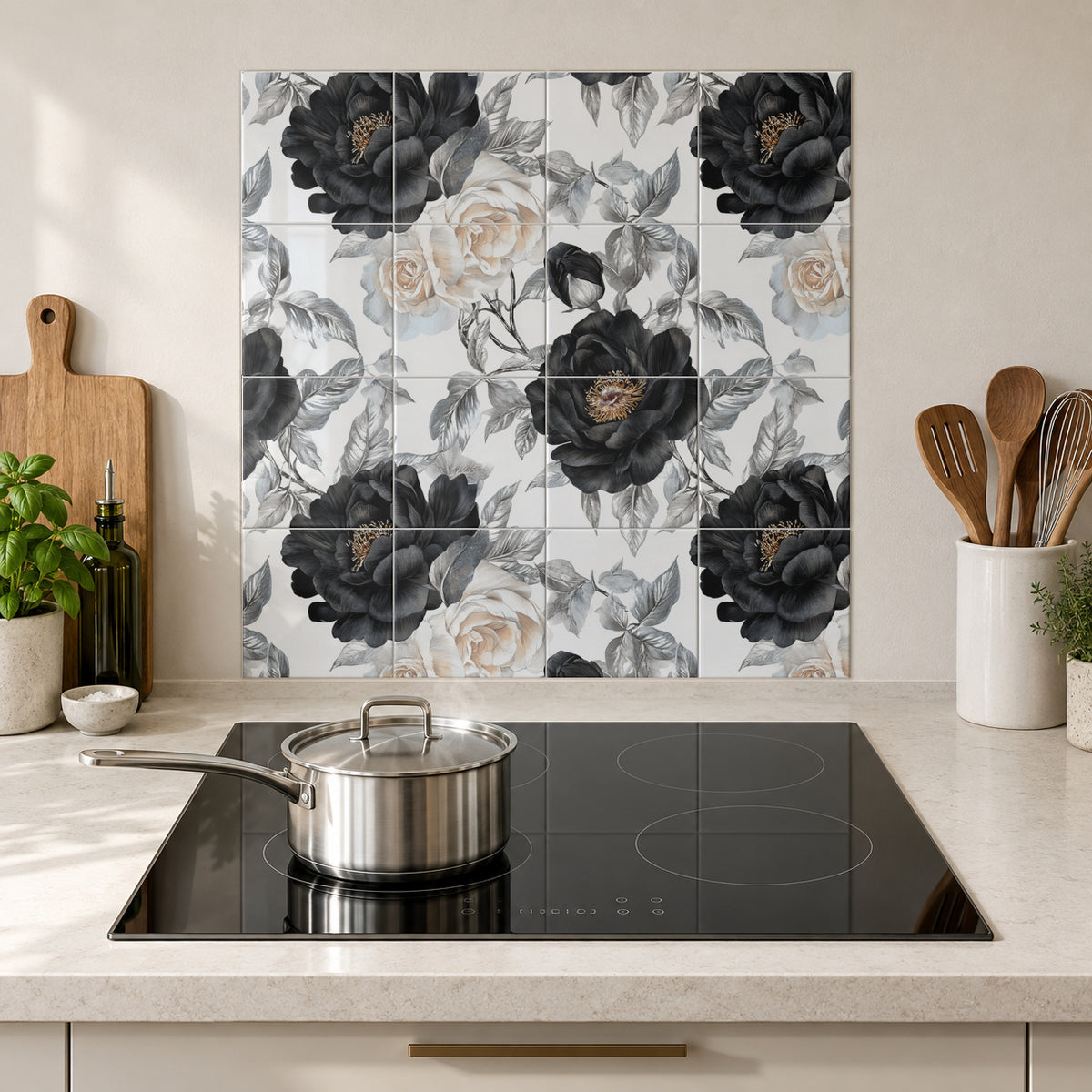Black Peonies and Ivory Roses in the Wolfborn Studio kitchen mockup; 60 x 60 cm panel across 4 rows and 4 columns of 15 cm tiles. Styling illustration.