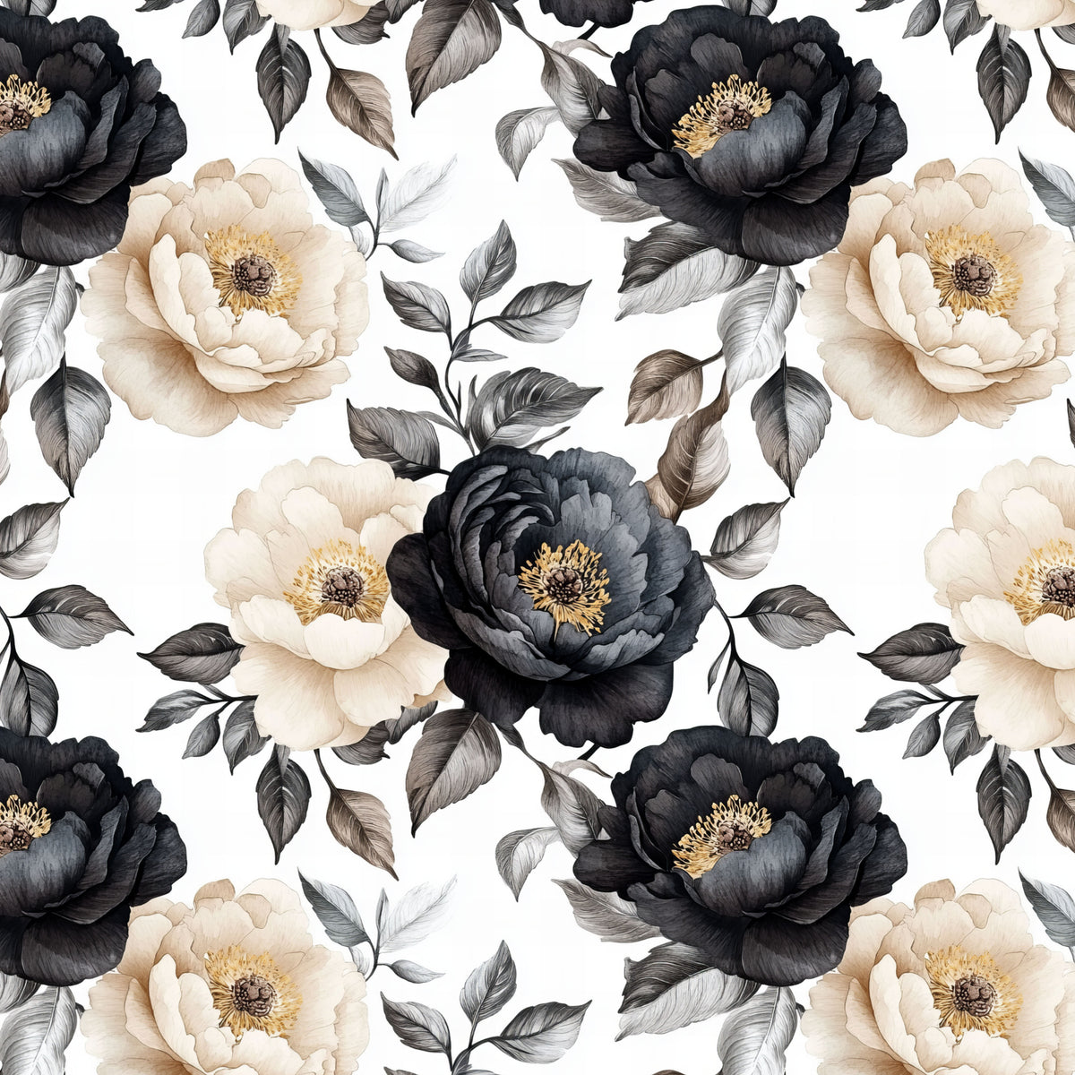 Cream and Charcoal Peony Garden artwork at the supplied scale for a nominal 60 x 60 cm reference panel.