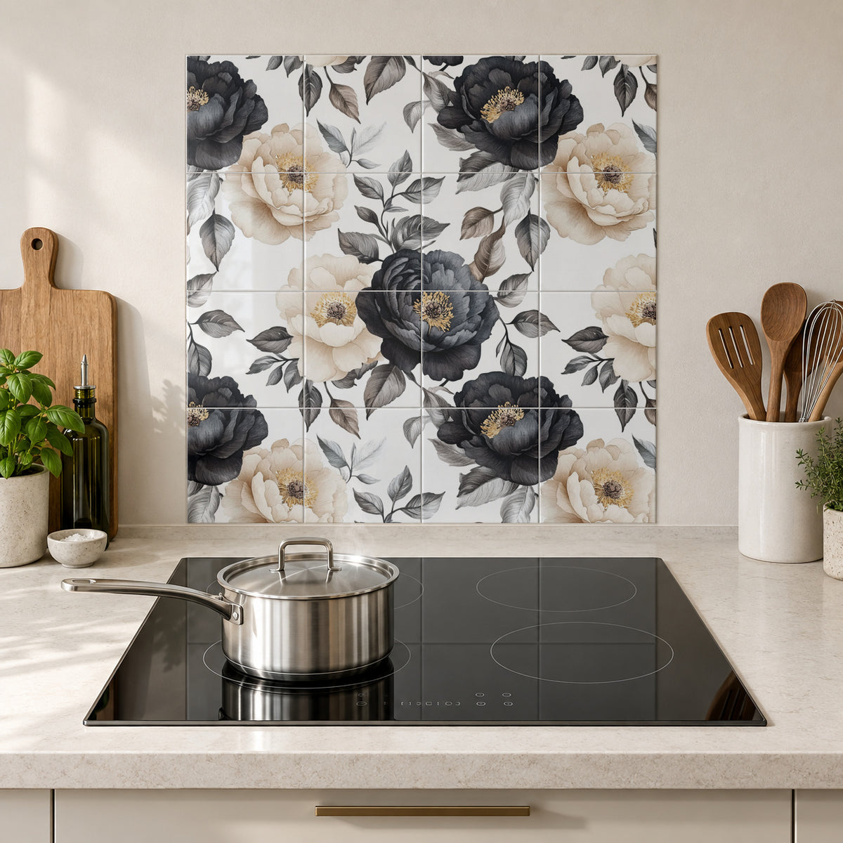 Cream and Charcoal Peony Garden in the Wolfborn Studio kitchen mockup; 60 x 60 cm panel across 4 rows and 4 columns of 15 cm tiles. Styling illustration.