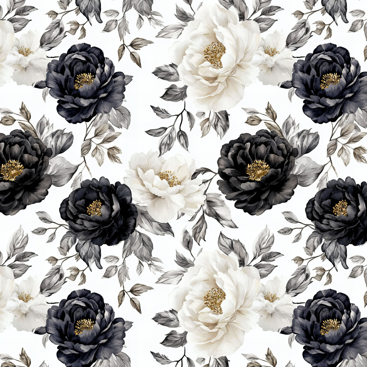 Black and White Peony Branches artwork at the supplied scale for a nominal 60 x 60 cm reference panel.