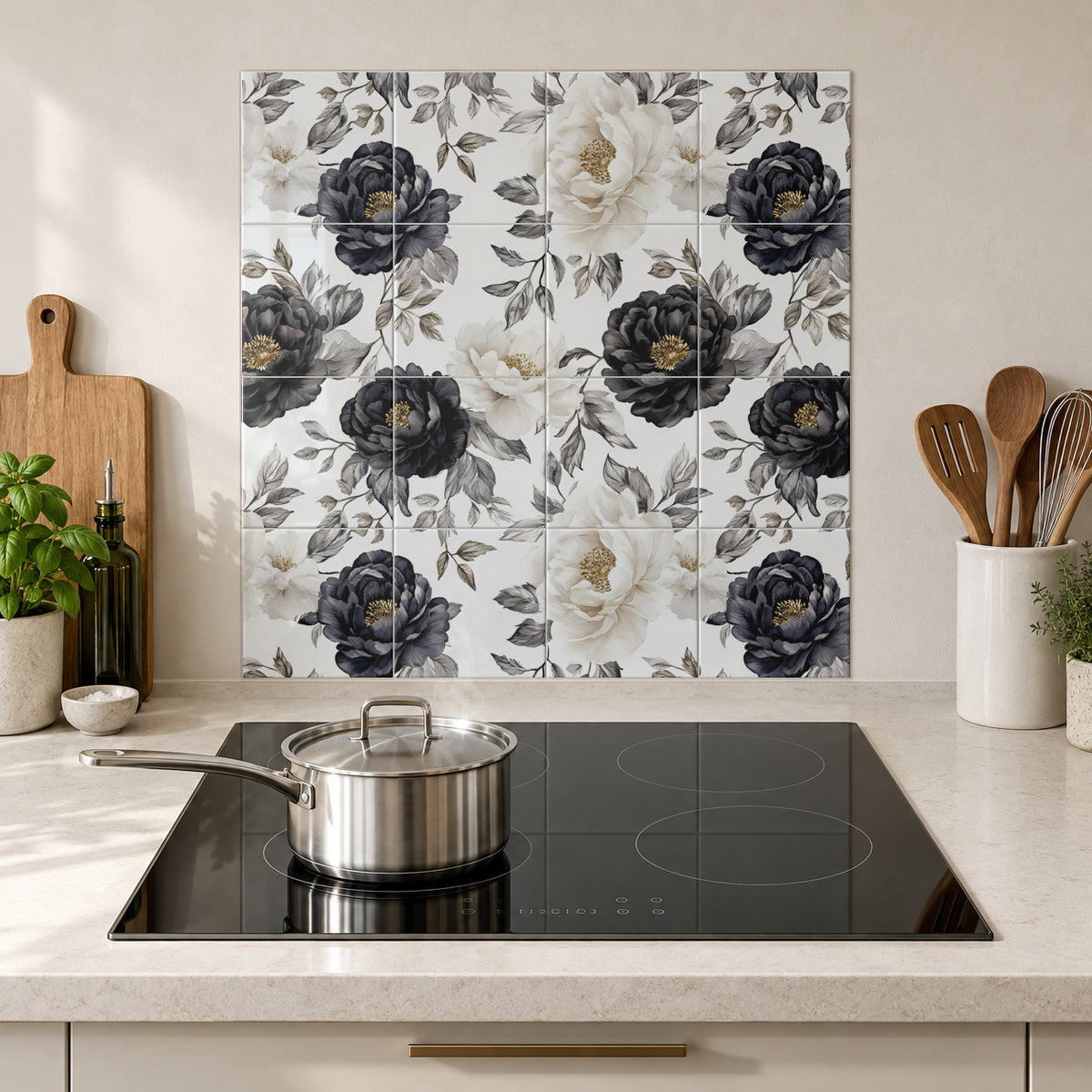 Black and White Peony Branches in the Wolfborn Studio kitchen mockup; 60 x 60 cm panel across 4 rows and 4 columns of 15 cm tiles. Styling illustration.