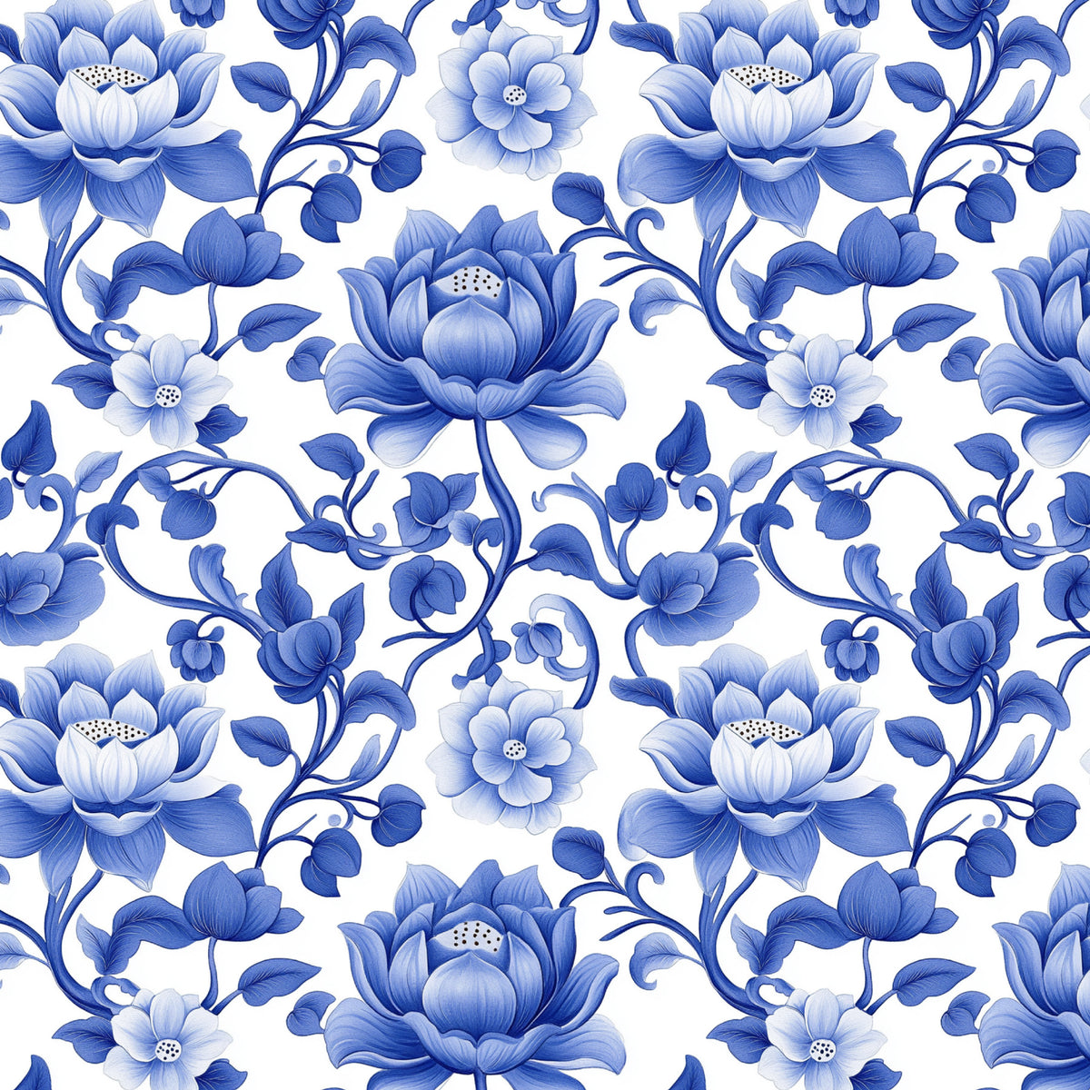 Cobalt Lotus Scroll artwork at the supplied scale for a nominal 60 x 60 cm reference panel.
