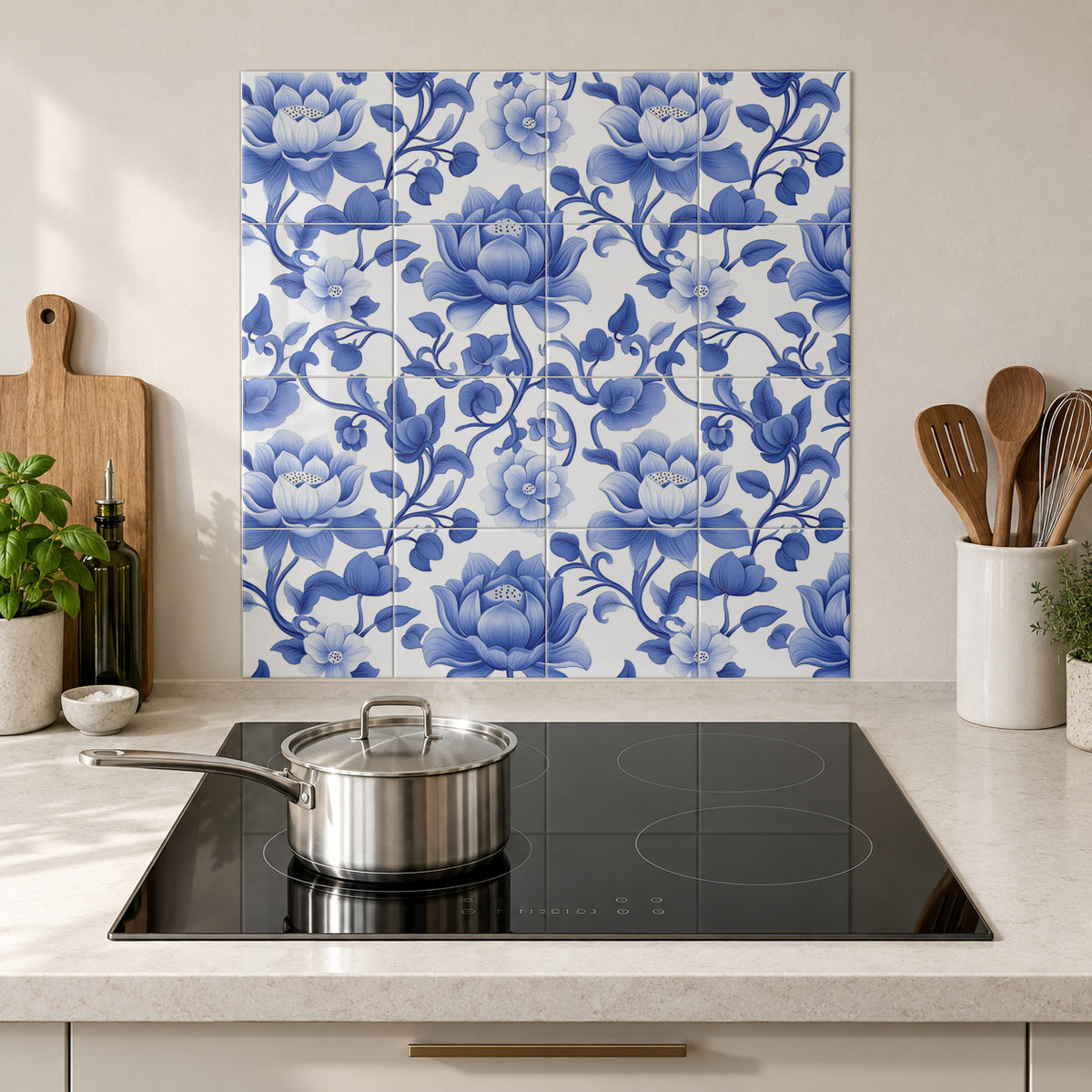 Cobalt Lotus Scroll in the Wolfborn Studio kitchen mockup; 60 x 60 cm panel across 4 rows and 4 columns of 15 cm tiles. Styling illustration.