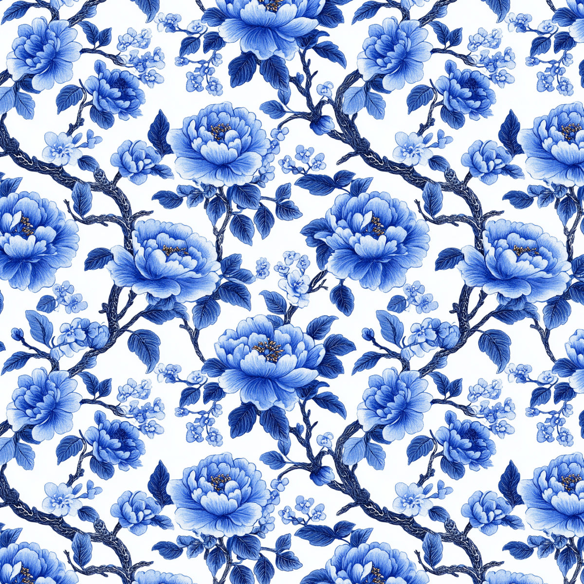 Cobalt Peony Branches artwork at the supplied scale for a nominal 60 x 60 cm reference panel.