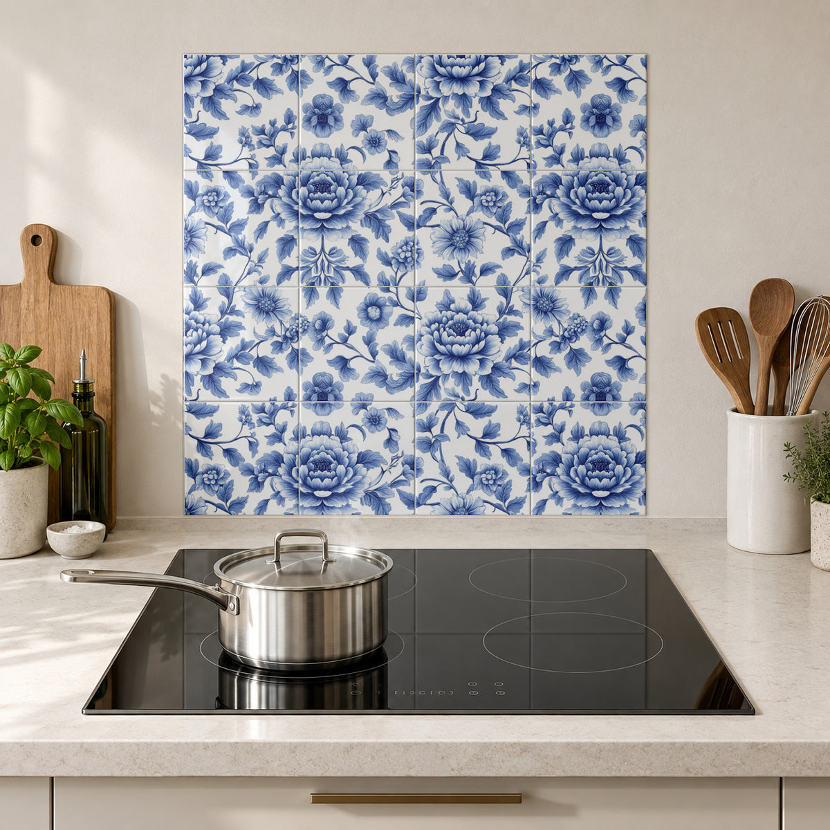 Blue Peony Floral Damask in the Wolfborn Studio kitchen mockup; 60 x 60 cm panel across 4 rows and 4 columns of 15 cm tiles. Styling illustration.