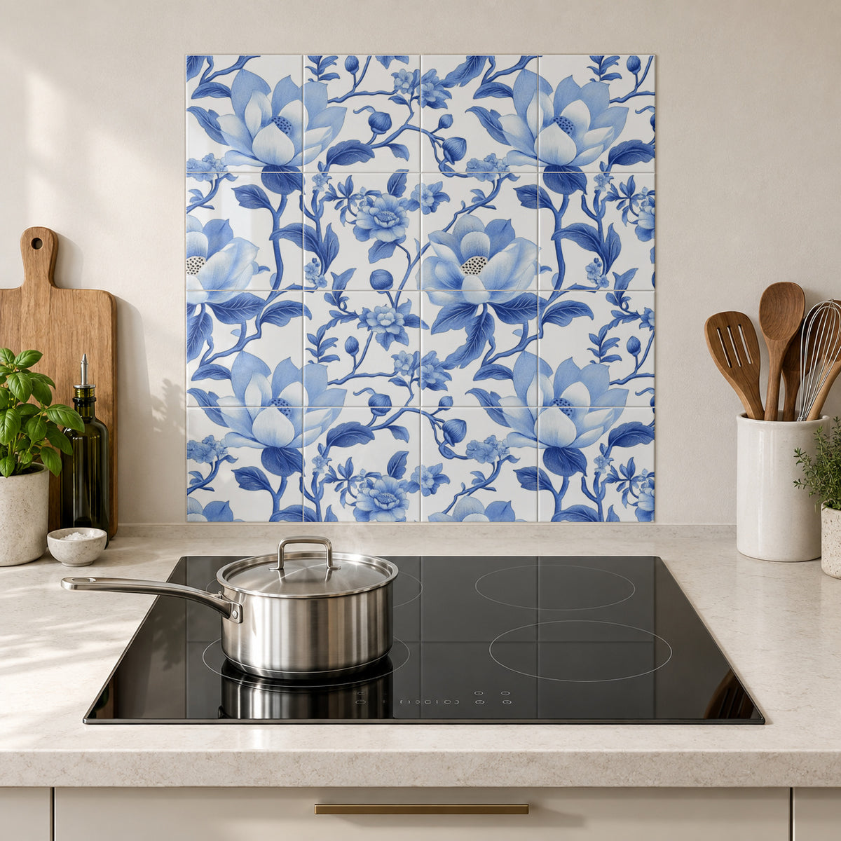 Powder Blue Lotus Branches in the Wolfborn Studio kitchen mockup; 60 x 60 cm panel across 4 rows and 4 columns of 15 cm tiles. Styling illustration.