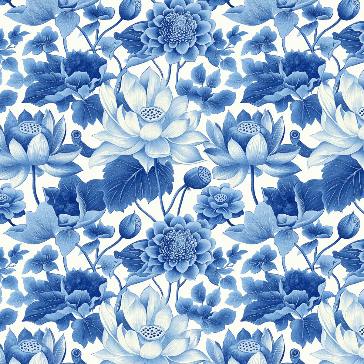 Blue Lotus and Chrysanthemum Bouquet artwork at the supplied scale for a nominal 60 x 60 cm reference panel.