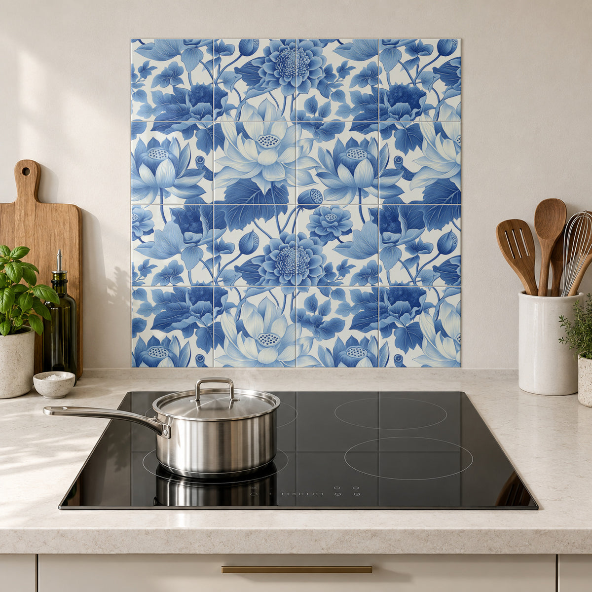 Blue Lotus and Chrysanthemum Bouquet in the Wolfborn Studio kitchen mockup; 60 x 60 cm panel across 4 rows and 4 columns of 15 cm tiles. Styling illustration.