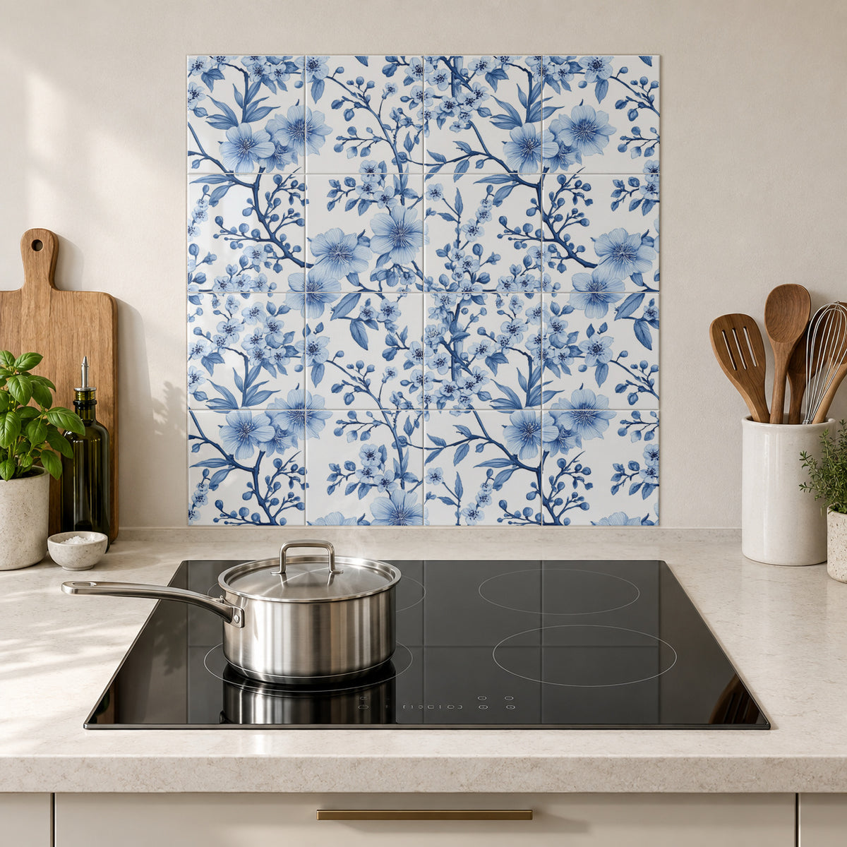 Blue Meadow Blossom Sprays in the Wolfborn Studio kitchen mockup; 60 x 60 cm panel across 4 rows and 4 columns of 15 cm tiles. Styling illustration.
