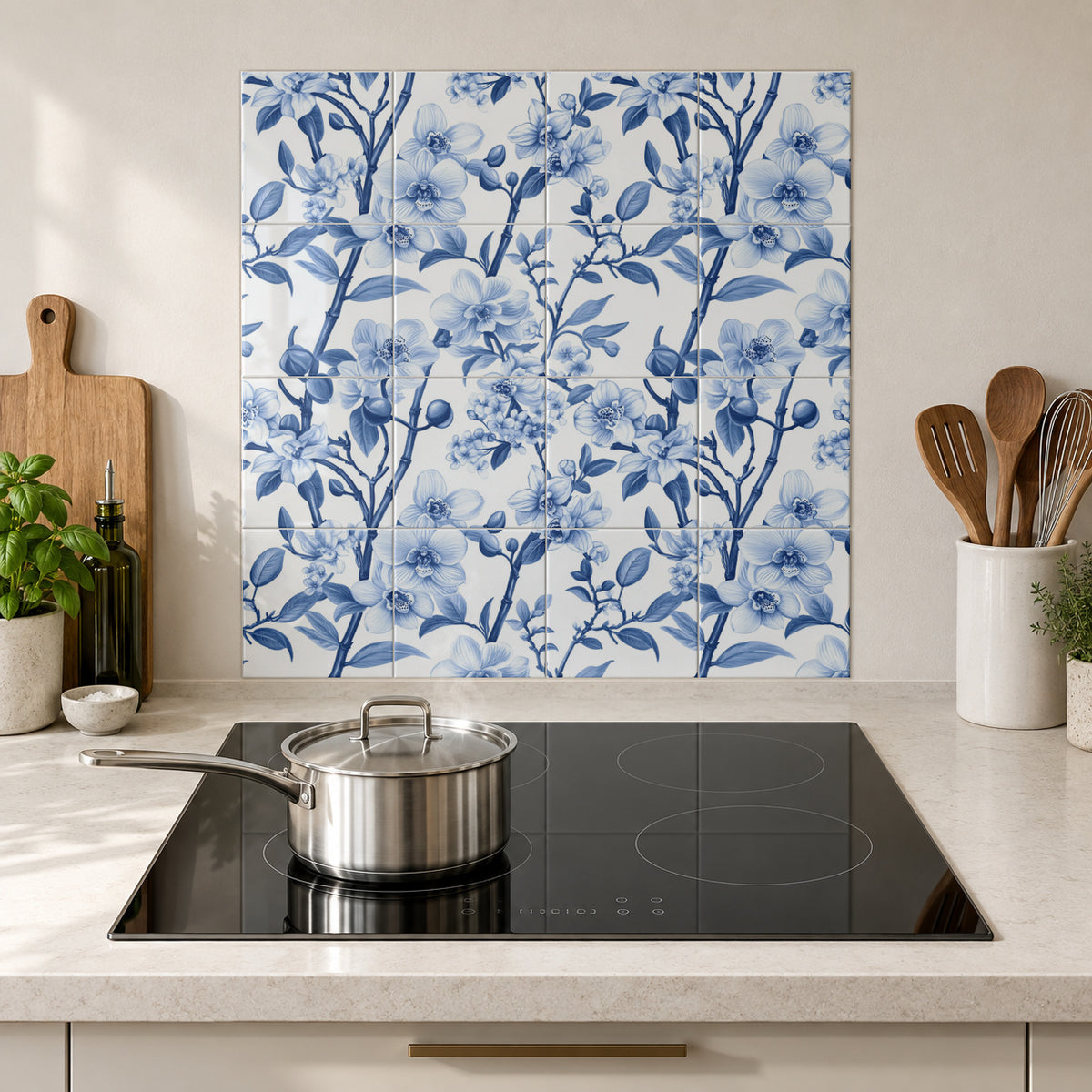 Porcelain Blue Orchard Blossoms in the Wolfborn Studio kitchen mockup; 60 x 60 cm panel across 4 rows and 4 columns of 15 cm tiles. Styling illustration.