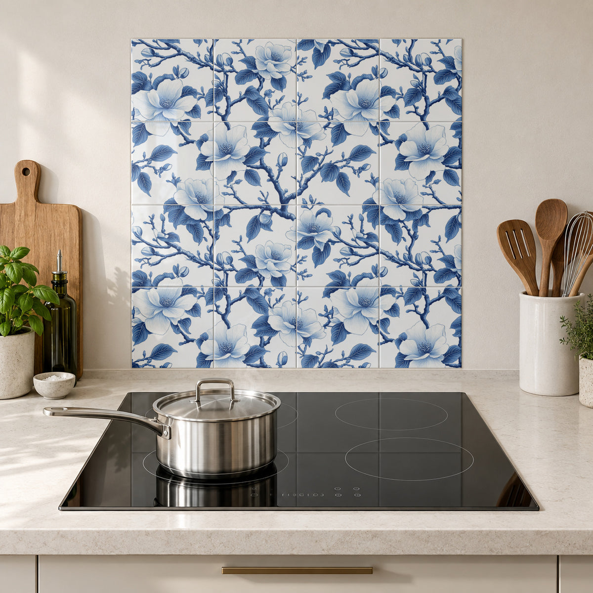 Blue Magnolia Branches in the Wolfborn Studio kitchen mockup; 60 x 60 cm panel across 4 rows and 4 columns of 15 cm tiles. Styling illustration.