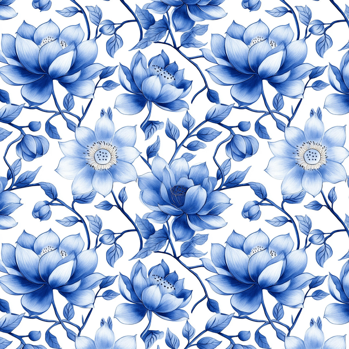 Cobalt Lotus and Wildflowers artwork at the supplied scale for a nominal 60 x 60 cm reference panel.