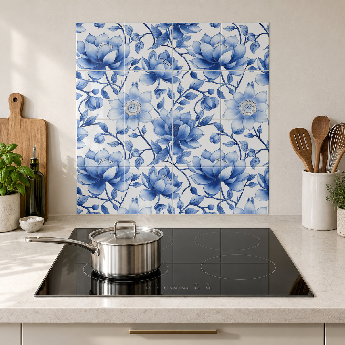 Cobalt Lotus and Wildflowers in the Wolfborn Studio kitchen mockup; 60 x 60 cm panel across 4 rows and 4 columns of 15 cm tiles. Styling illustration.