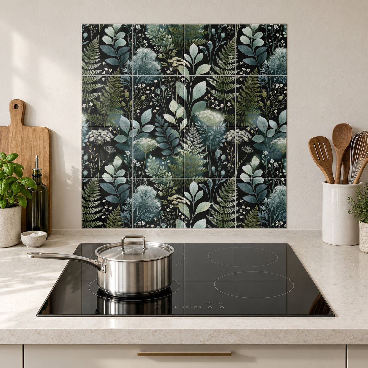 Sage Woodland Botanicals in the Wolfborn Studio kitchen mockup; 60 x 60 cm panel across 4 rows and 4 columns of 15 cm tiles. Styling illustration.