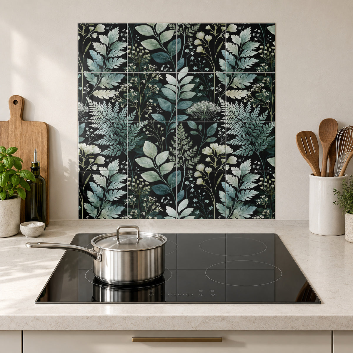 Moonlit Sage Fern Garden in the Wolfborn Studio kitchen mockup; 60 x 60 cm panel across 4 rows and 4 columns of 15 cm tiles. Styling illustration.