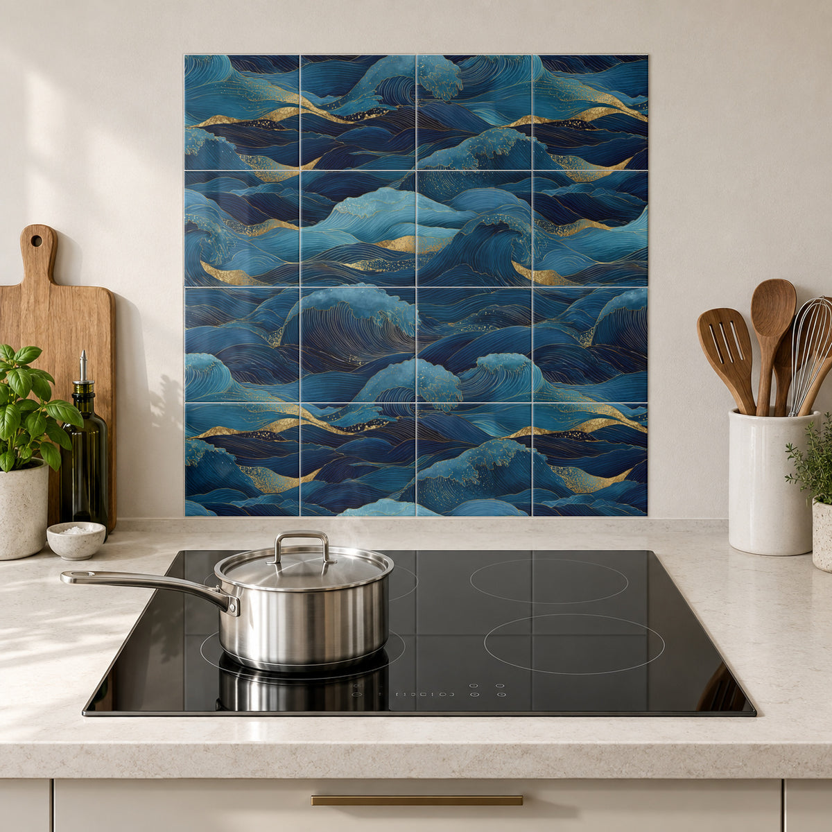 Midnight Cresting Waves in the Wolfborn Studio kitchen mockup; 60 x 60 cm panel across 4 rows and 4 columns of 15 cm tiles. Styling illustration.