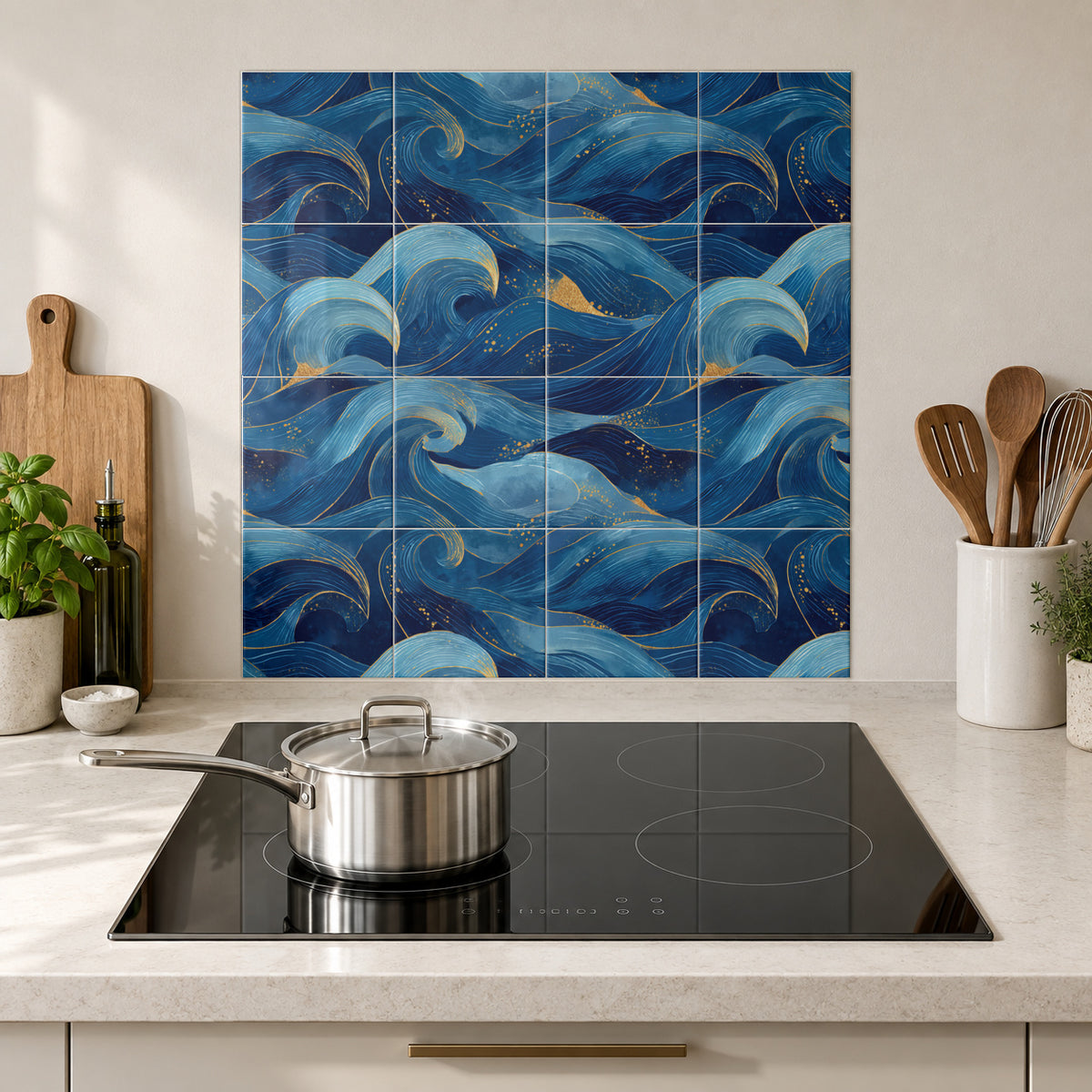 Azure Golden Surf in the Wolfborn Studio kitchen mockup; 60 x 60 cm panel across 4 rows and 4 columns of 15 cm tiles. Styling illustration.