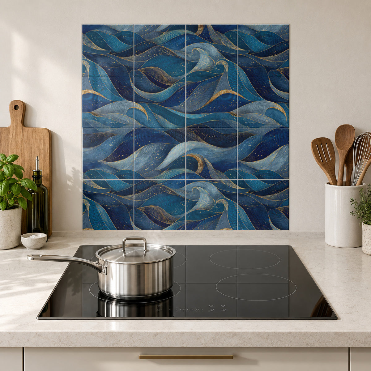 Blue and Gold Wave Ribbons in the Wolfborn Studio kitchen mockup; 60 x 60 cm panel across 4 rows and 4 columns of 15 cm tiles. Styling illustration.