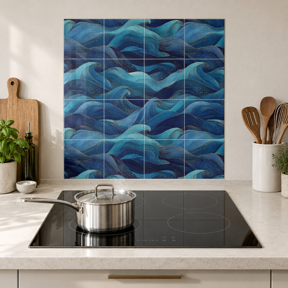 Turquoise Rolling Seas in the Wolfborn Studio kitchen mockup; 60 x 60 cm panel across 4 rows and 4 columns of 15 cm tiles. Styling illustration.
