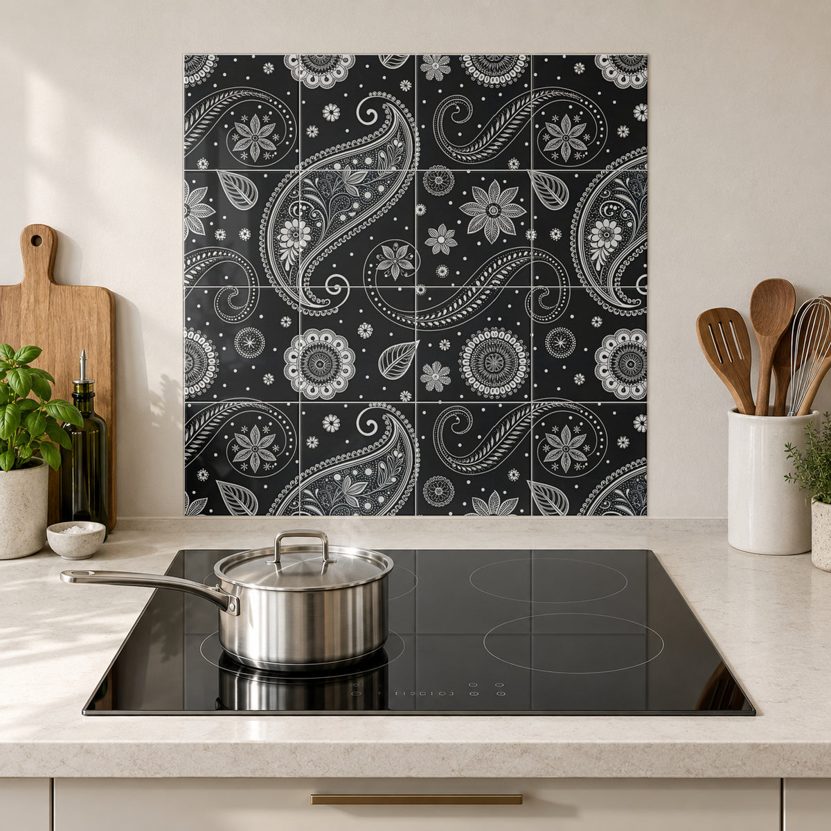 Black and White Bandana Paisley in the Wolfborn Studio kitchen mockup; 60 x 60 cm panel across 4 rows and 4 columns of 15 cm tiles. Styling illustration.