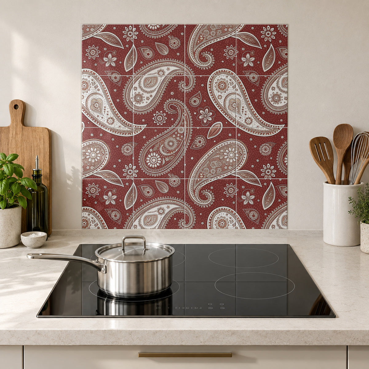 Terracotta Bandana Paisley in the Wolfborn Studio kitchen mockup; 60 x 60 cm panel across 4 rows and 4 columns of 15 cm tiles. Styling illustration.