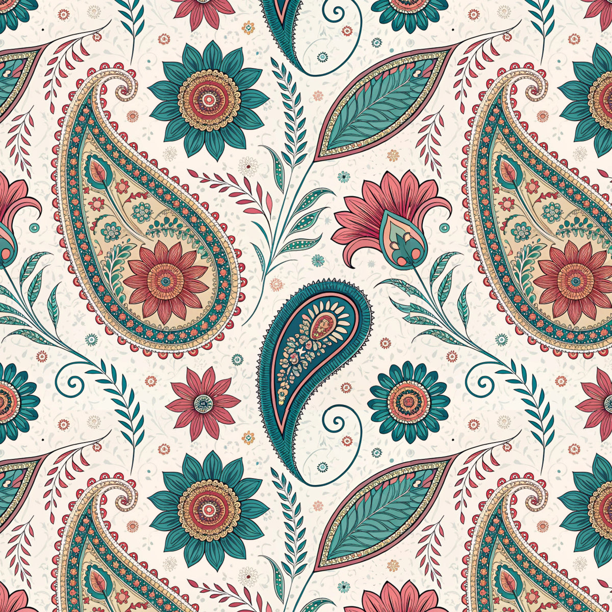 Coral and Teal Garden Paisley artwork at the supplied scale for a nominal 60 x 60 cm reference panel.