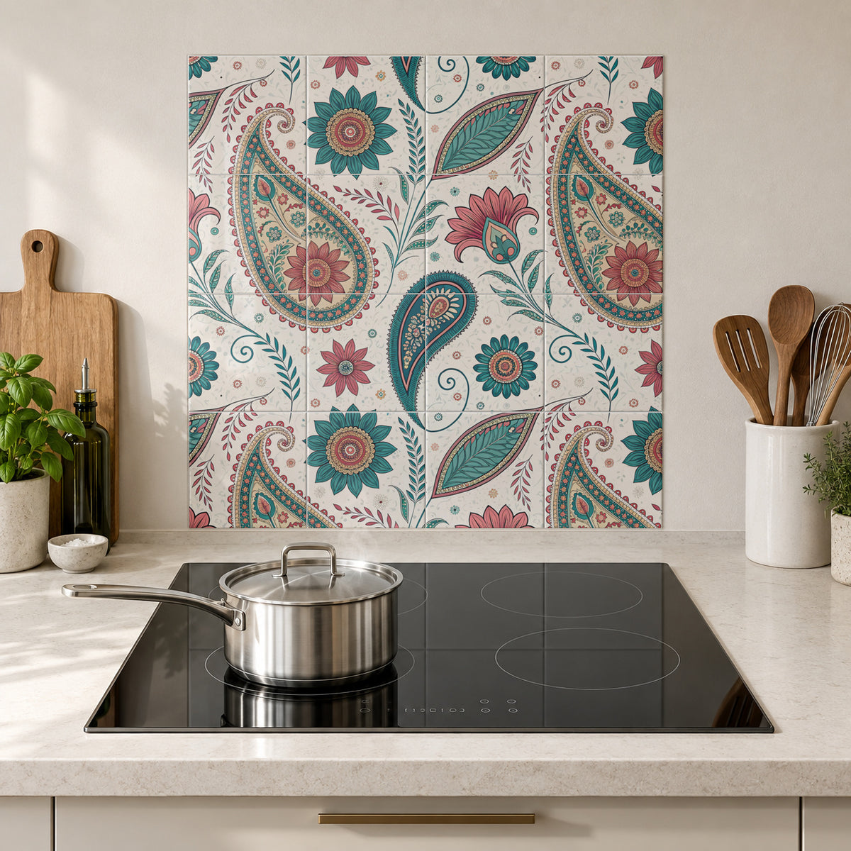 Coral and Teal Garden Paisley in the Wolfborn Studio kitchen mockup; 60 x 60 cm panel across 4 rows and 4 columns of 15 cm tiles. Styling illustration.