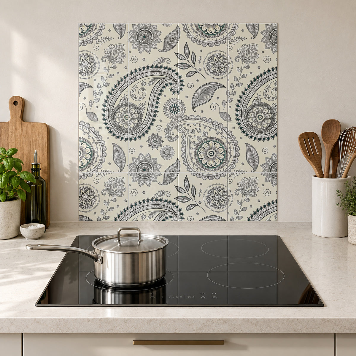 Charcoal Fine Line Paisley in the Wolfborn Studio kitchen mockup; 60 x 60 cm panel across 4 rows and 4 columns of 15 cm tiles. Styling illustration.