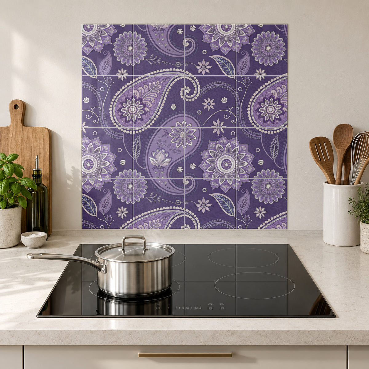 Lavender and Plum Paisley in the Wolfborn Studio kitchen mockup; 60 x 60 cm panel across 4 rows and 4 columns of 15 cm tiles. Styling illustration.