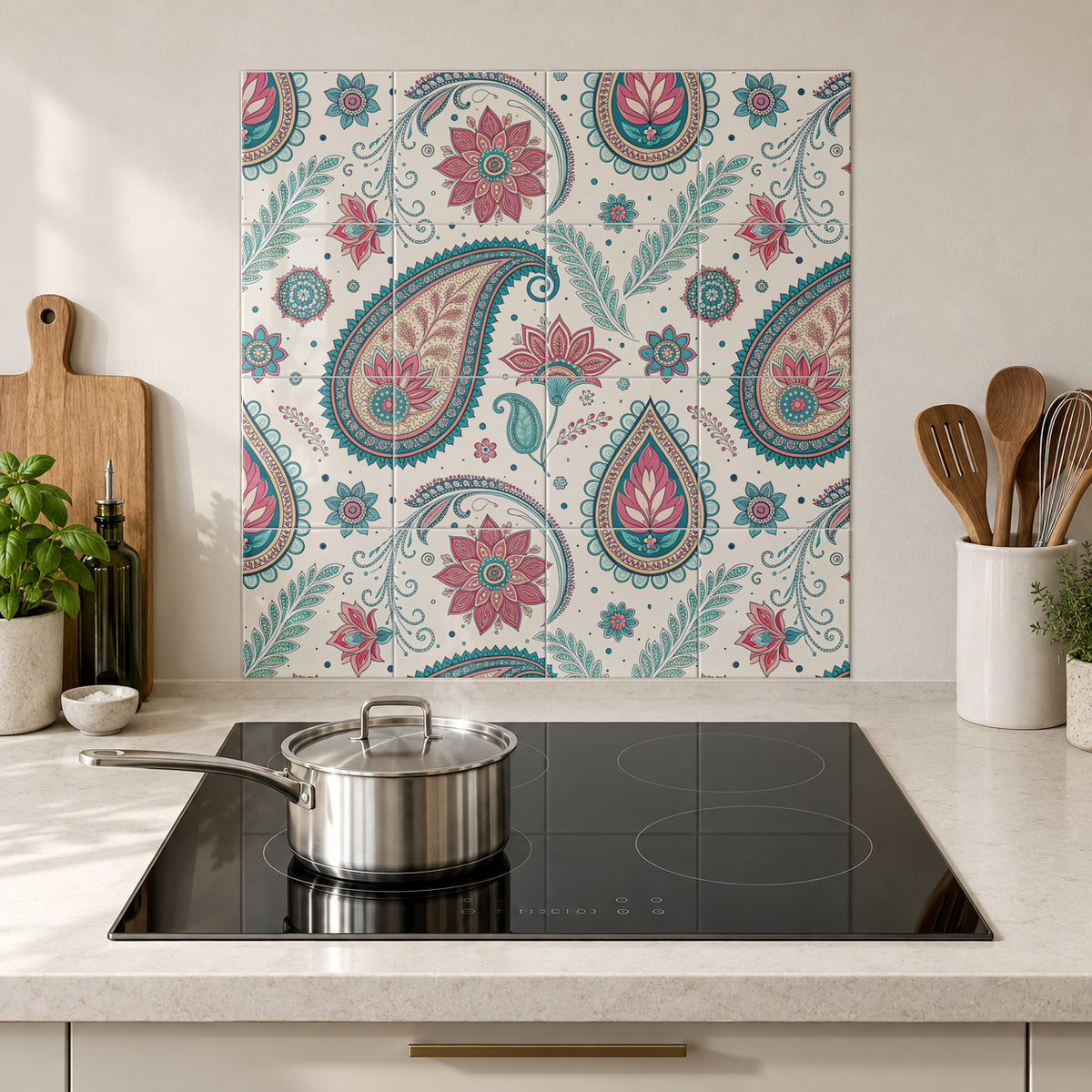 Teal and Rose Floral Paisley in the Wolfborn Studio kitchen mockup; 60 x 60 cm panel across 4 rows and 4 columns of 15 cm tiles. Styling illustration.