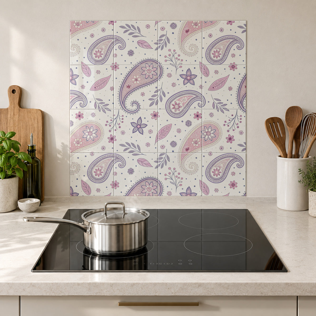 Soft Lilac Blush Paisley in the Wolfborn Studio kitchen mockup; 60 x 60 cm panel across 4 rows and 4 columns of 15 cm tiles. Styling illustration.