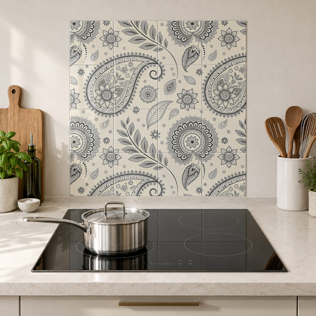 Ivory Black Botanical Paisley in the Wolfborn Studio kitchen mockup; 60 x 60 cm panel across 4 rows and 4 columns of 15 cm tiles. Styling illustration.
