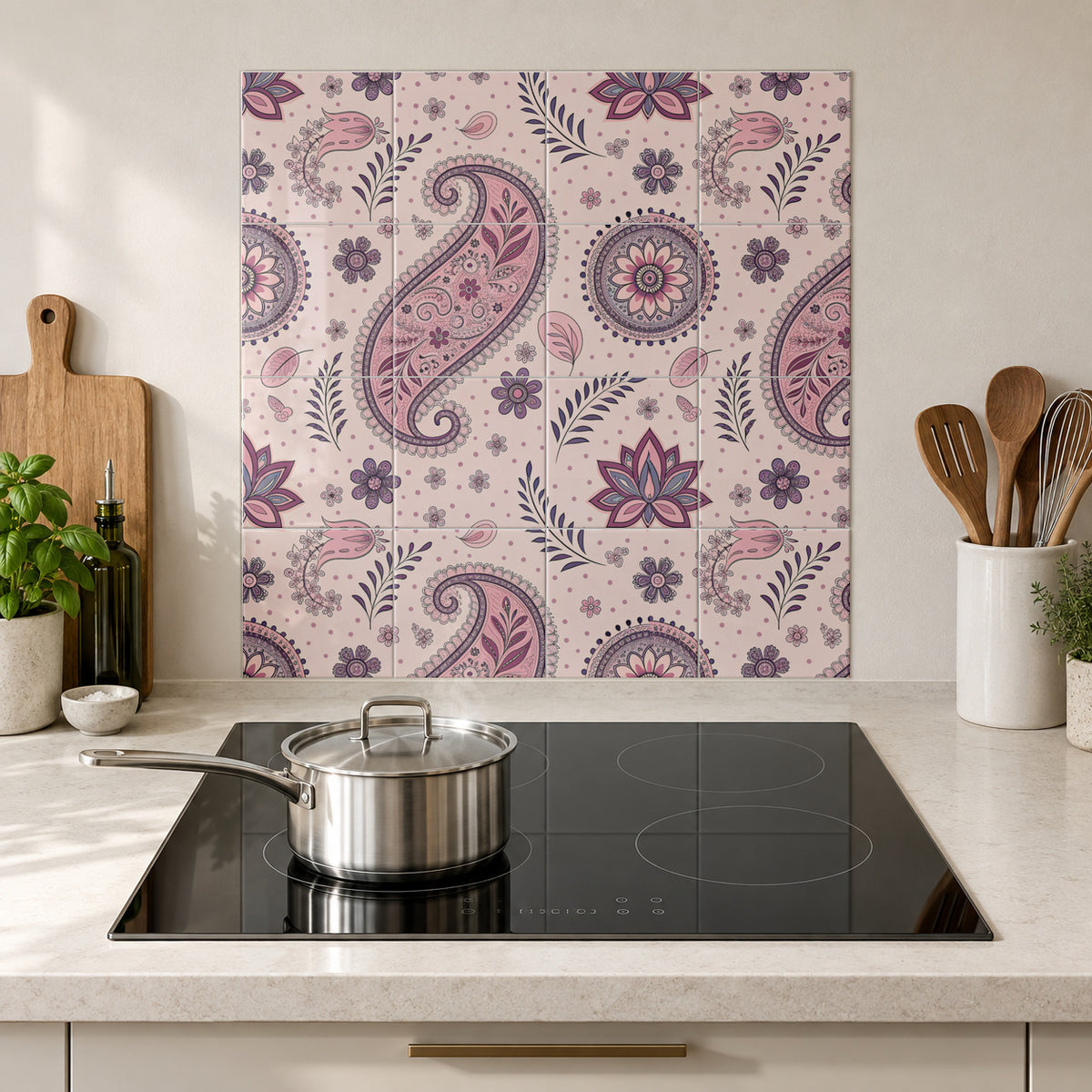 Blush Pink Plum Paisley in the Wolfborn Studio kitchen mockup; 60 x 60 cm panel across 4 rows and 4 columns of 15 cm tiles. Styling illustration.