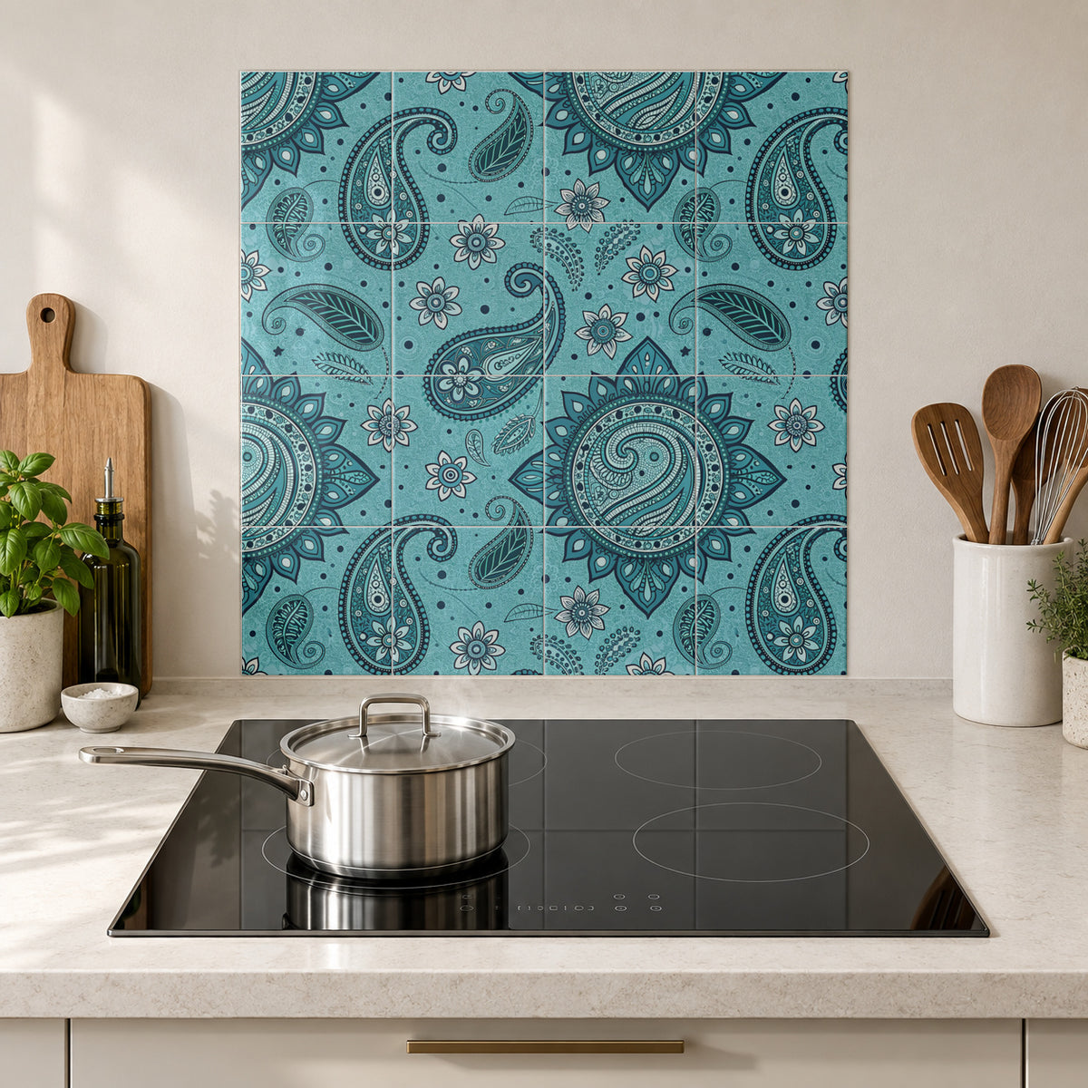 Deep Teal Bandana Paisley in the Wolfborn Studio kitchen mockup; 60 x 60 cm panel across 4 rows and 4 columns of 15 cm tiles. Styling illustration.