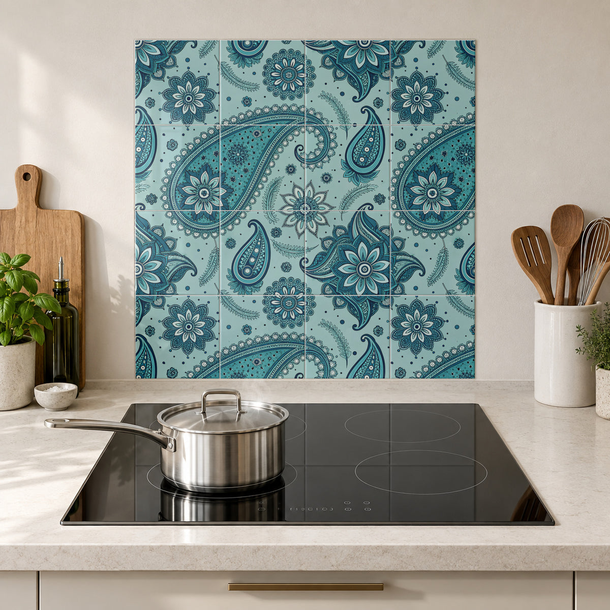 Aqua Navy Floral Paisley in the Wolfborn Studio kitchen mockup; 60 x 60 cm panel across 4 rows and 4 columns of 15 cm tiles. Styling illustration.