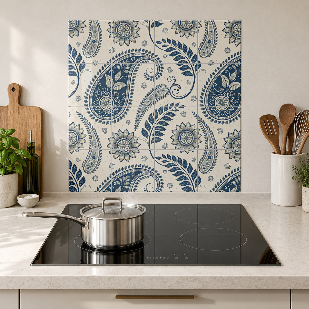 Navy and Cream Botanical Paisley in the Wolfborn Studio kitchen mockup; 60 x 60 cm panel across 4 rows and 4 columns of 15 cm tiles. Styling illustration.