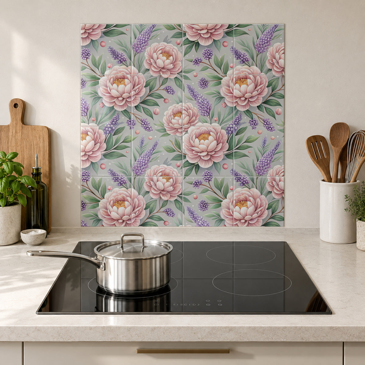 Blush Peony and Lavender in the Wolfborn Studio kitchen mockup; 60 x 60 cm panel across 4 rows and 4 columns of 15 cm tiles. Styling illustration.